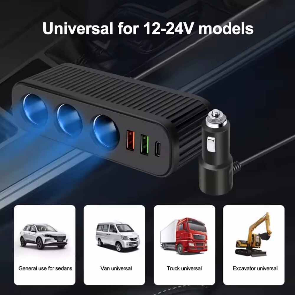 Vedere completa a incarcatorului auto negru cu 4 prize si 3 USB