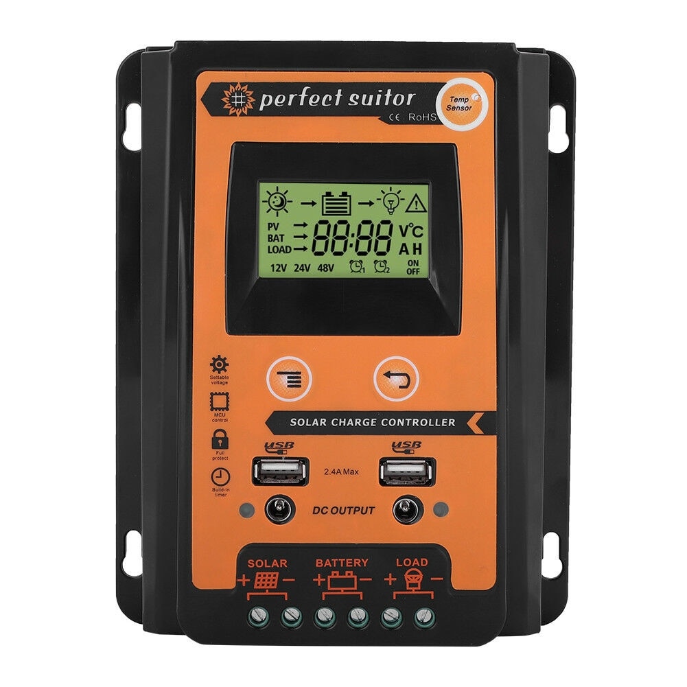 Controler Solar MPPT ISSNW 50A – imagine principală cu carcasa portocalie și afișaj LCD