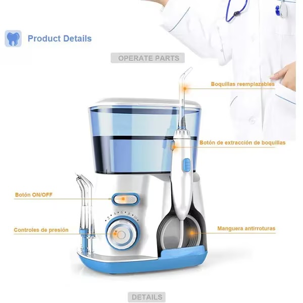 Irigator oral electric ISSNW – vedere completă – set cutie: irigator, 5 duze, adaptor UE, manual englez