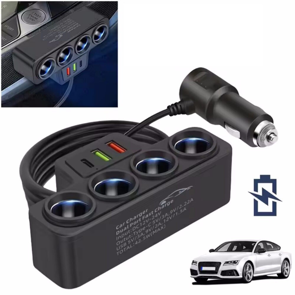 4 gauri Atingator de tigari pentru masini,12V / 24V pentru masini,Adaptor nou 4 priza 3.1A incarcator,Incarcator USB pentru masini,USB + QC3.0 + PD3.1A accesorii port USB 120W - imagine principala produs