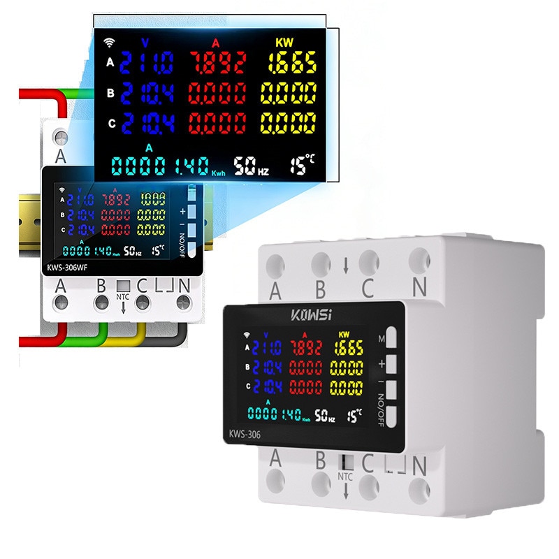 Contor de energie WiFi ISSNW 3 faza 4 fire AC 85-290V 80A ecran LCD VA color - imagine produs