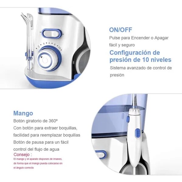 Irigator oral electric ISSNW – foto 7 – utilizare pe suport de baie cu cele 5 duze la vedere