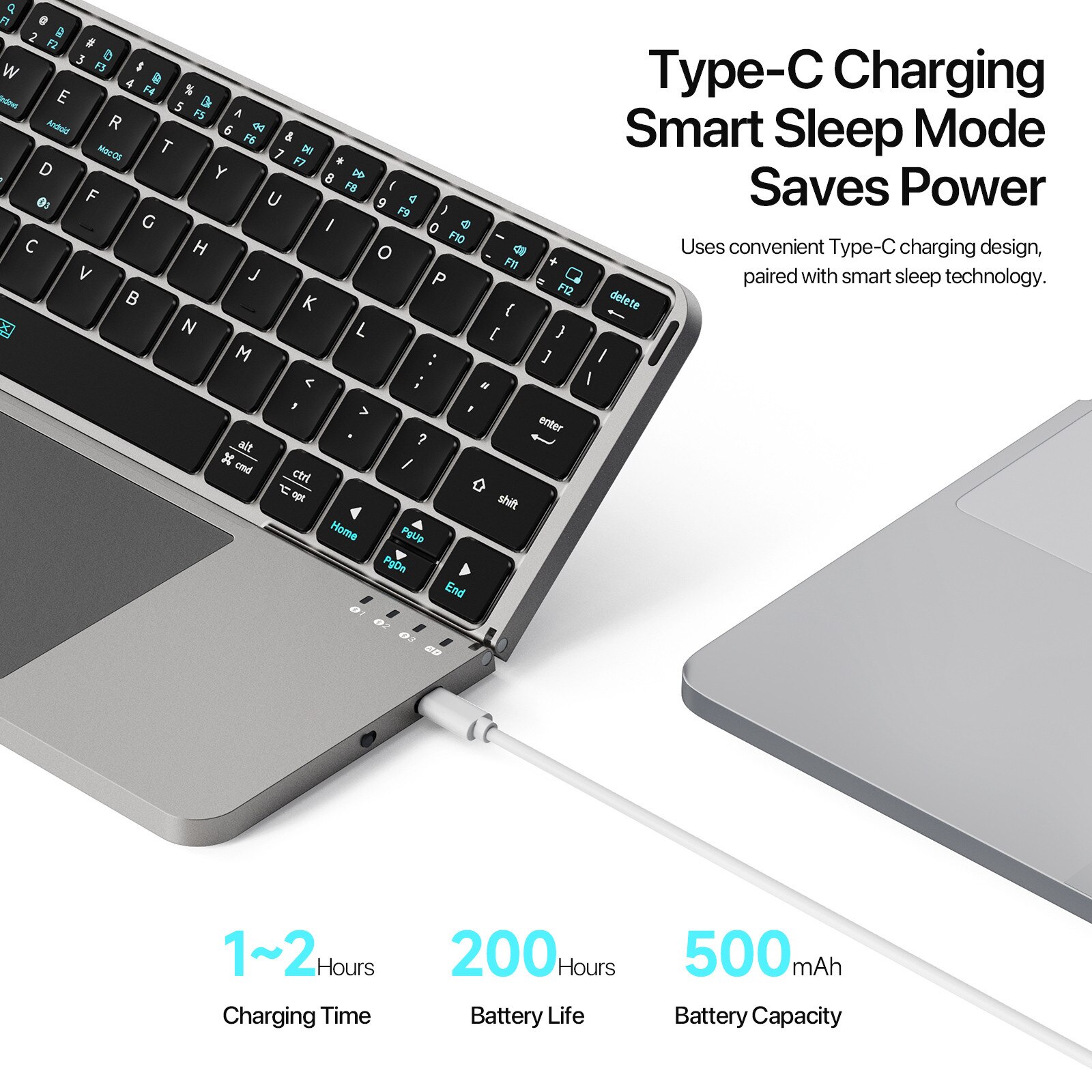 Tastatura fara fir Bluetooth pentru iOS si Android - vedere completa cu suport