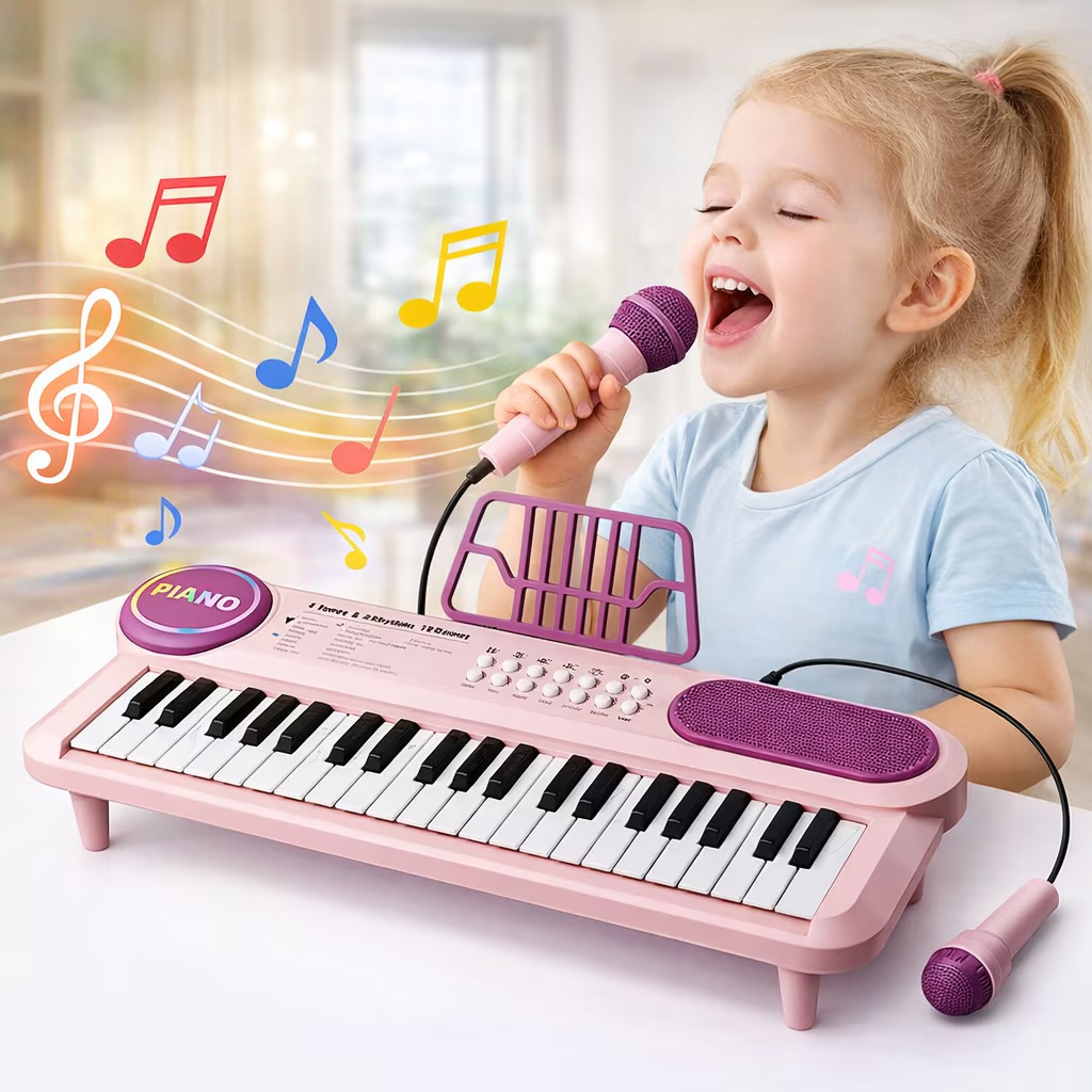 Instrumente de jucarie, Pian electronic pentru copii, 37 bebelus tastatura cu microfon, Canta cantece pentru jucarii educationale, Jocuri cu instrumente muzicale pentru copii - imagine produs